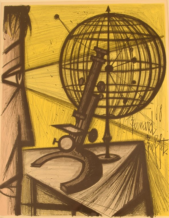Bernard Buffet, 1928-1999. Litografi i farver. Titel: Le micrscope.
Dateret 1968. Nummereret 14/200.