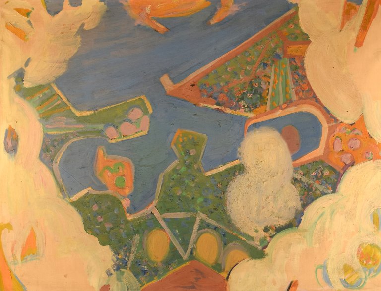 Hans Øllgaard (b. 1911, d. 1969). "Above the clouds". Danish modernism. Oil on 
canvas. Dated 1956.