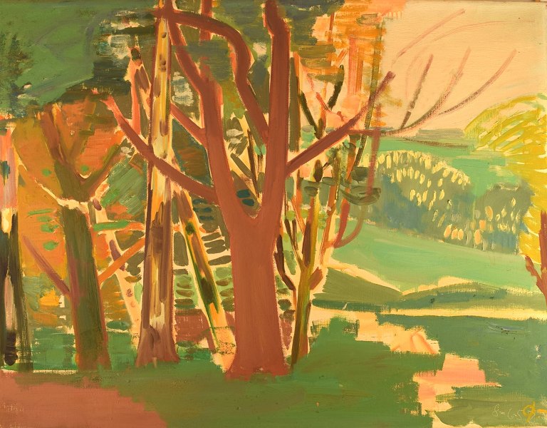 Hans Øllgaard (b. 1911, d. 1969). "Forest Lighting" Modernist landscape. Oil on 
canvas. 1950 / 60
