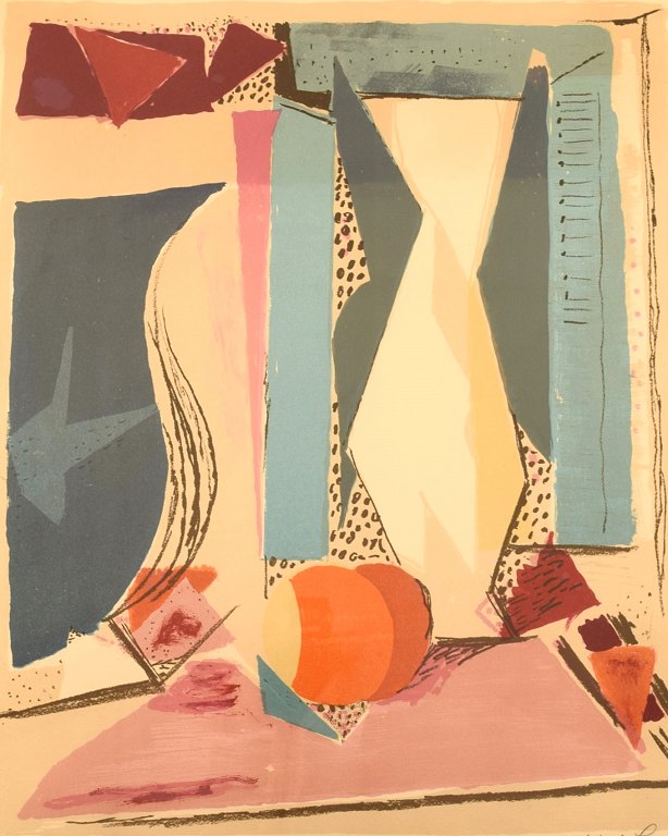 Karl Larsen (1897–1977). Dansk kunstmaler. Farvelitografi. Kubistisk opstilling. 
1960