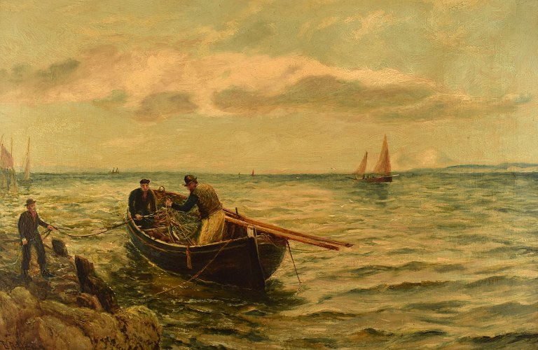 Bernard Benedict Hemy (1845-1913), britisk marinemaler. Olie på lærred. Fiskere 
går i land. 1880