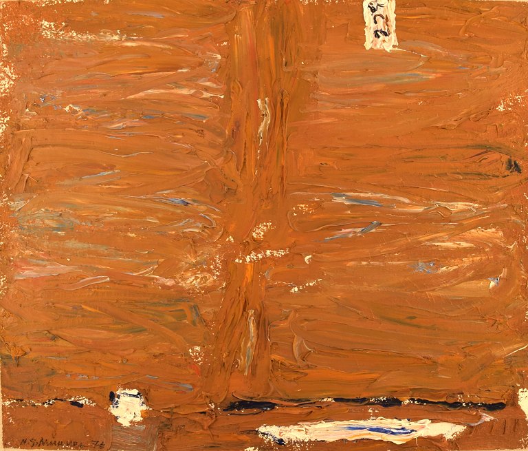 Nils-Göran Brunner (1923-1986). Svensk kunstmaler. Olie på lærred.  Modernistisk 
komposition. Dateret 1975.

