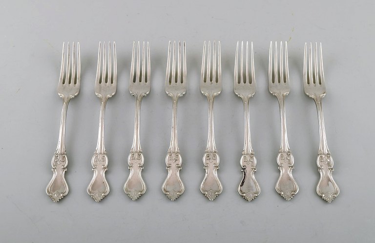 Hallbergs Guldsmeds Ab, Sweden. Set of eight "Olga" lunch / child forks in 
silver. Dated 1946.
