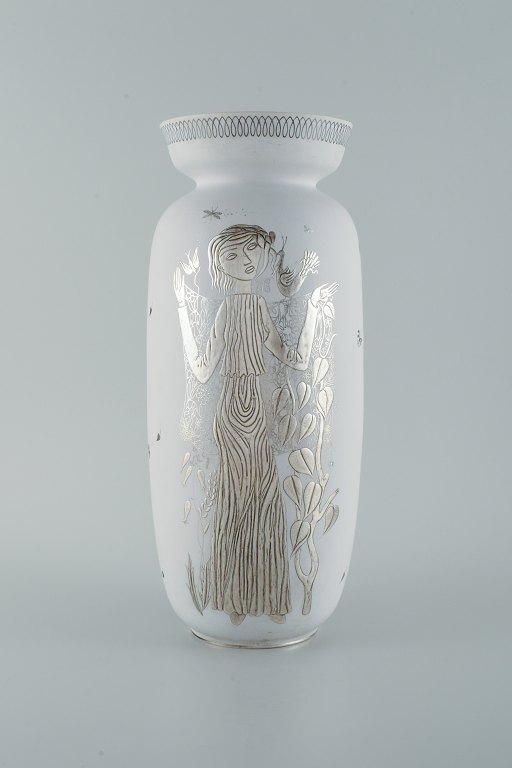 Stig Lindberg for Gustavsberg, Sweden. Large "Grazia" ceramic vase with silver 
inlay in the shape of a standing woman.