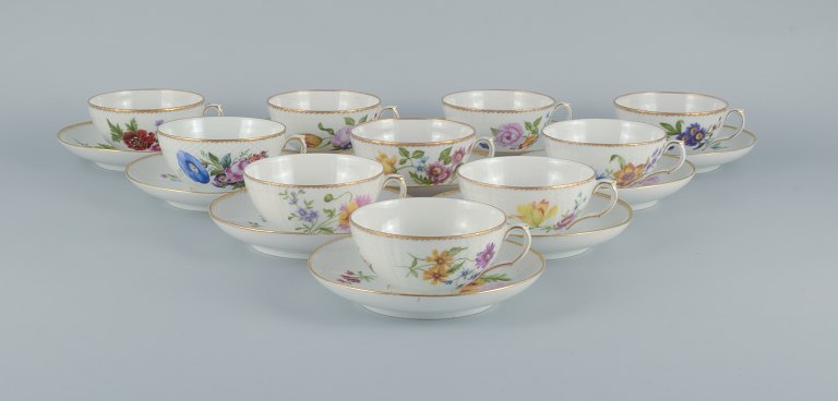 Royal Copenhagen, Saxon flower.A set of ten antique teacups and matching saucers.