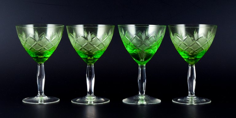 "Wien Antik", "Lyngby Glas", Denmark, four green white wine glasses.