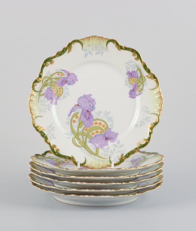 P. Dauphin, Paris, a set of six Art Nouveau faience plates decorated with 
flowers and gold rim.