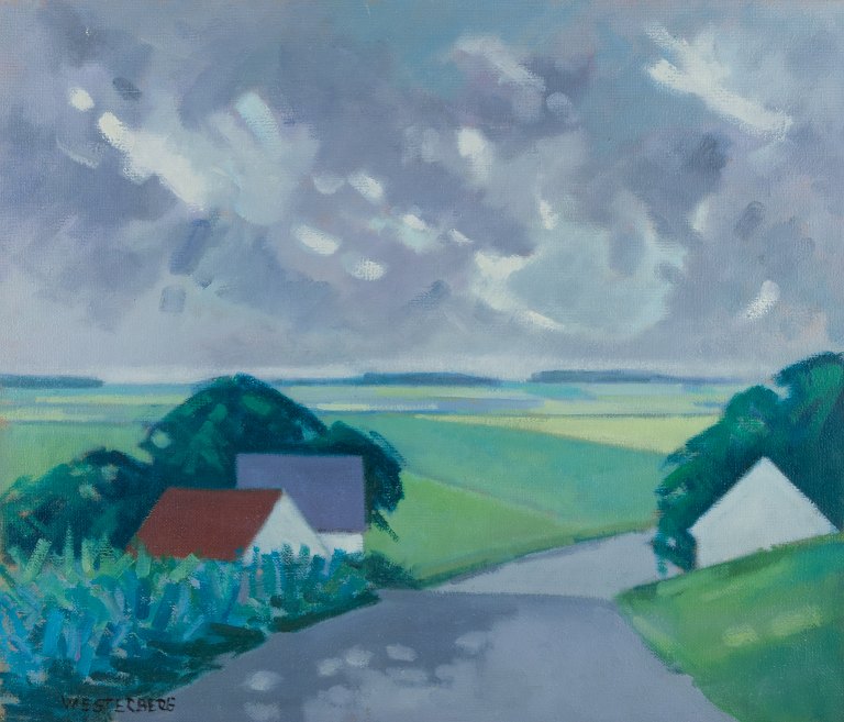 K. Westerberg, also known as Knud Horup, listed Danish artist, oil on canvas. Modernist style. Landscape with houses and country road.