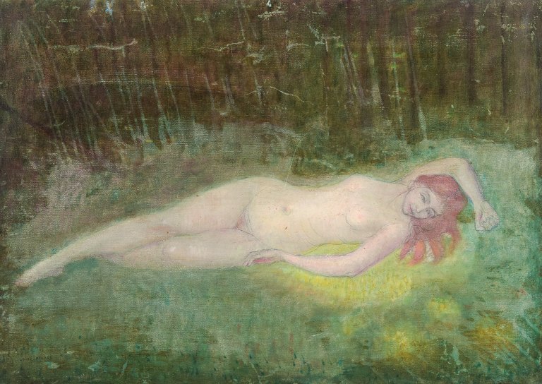 Louis Picard (1861-1940), fransk kunstner, olie på lærred. Portræt af ung smuk 
liggende nøgen kvinde.
