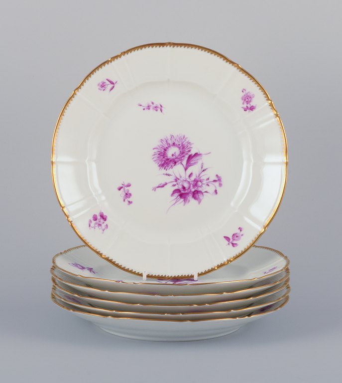 Bing & Grøndahl, Denmark. A set of six dinner plates with flower decorations in 
purple and gold trim. Hand-painted.