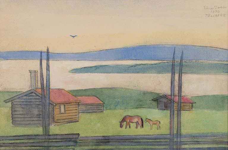 Einar Jolin (1890-1976), Well listed Swedish artist. Oil pastel on paper.Swedish modernist landscape from "Tällberg".