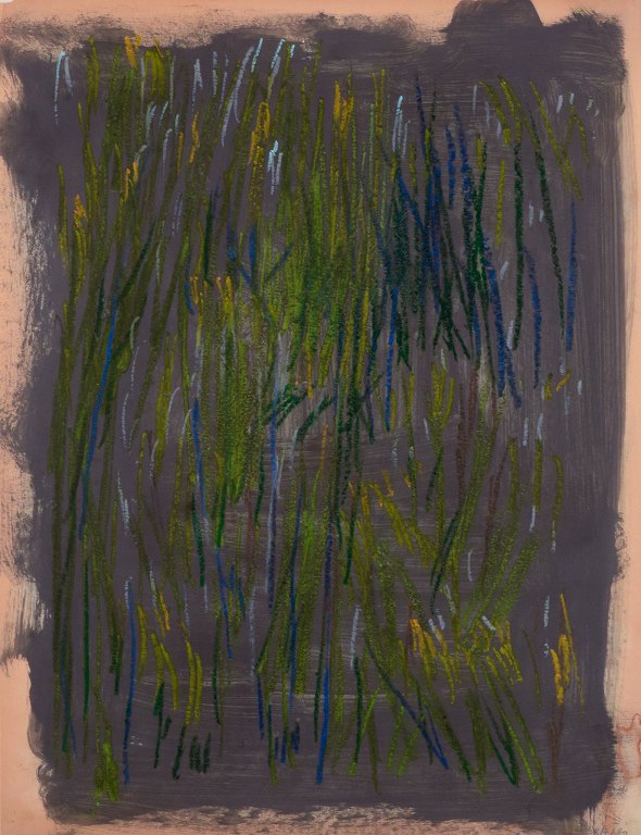 Monique Beucher (1934), fransk kunstner. Mixed media på papir.
Abstrakt komposition. Koloristisk palette.