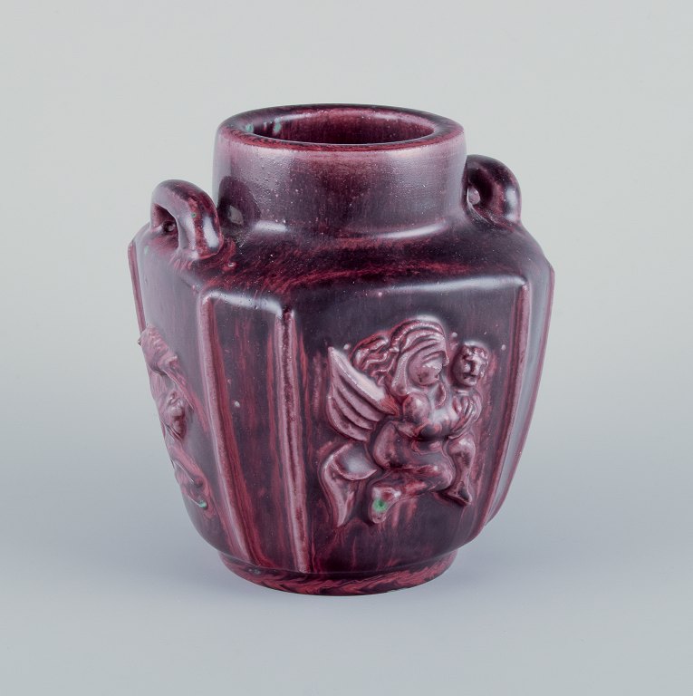 Bode Willumsen for Royal Copenhagen. Ceramic vase with mythological motifs. 
Ox-blood glaze.