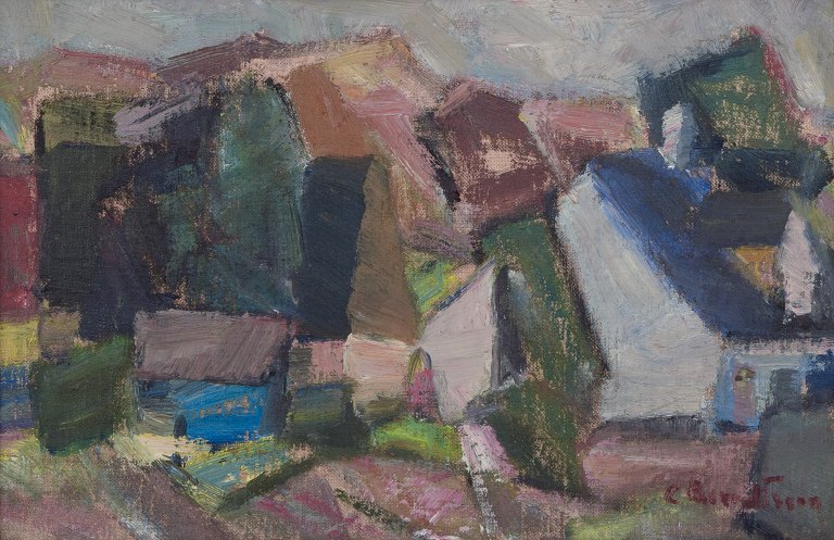 Carl Berndtsson (1902 - 1983), Swedish painter. Oil on canvas. Abstract landscape. Colorful palette.
