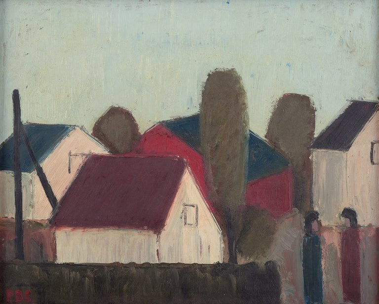 Peder Brøndum Sørensen (1931-2003), dansk maler, olie på lærred.Modernistisk bymotiv.