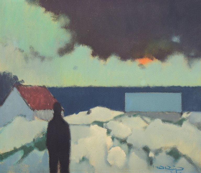 Knud Horup (1926-1973), Danish artist, oil on canvas. Figure in landscape.