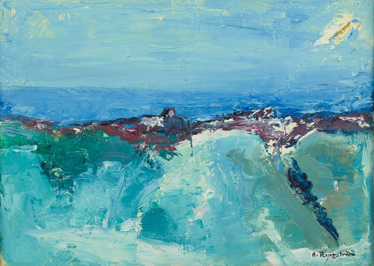 Arne Ringström (1924-2008), Swedish artist. Oil on canvas.
Modernist landscape.