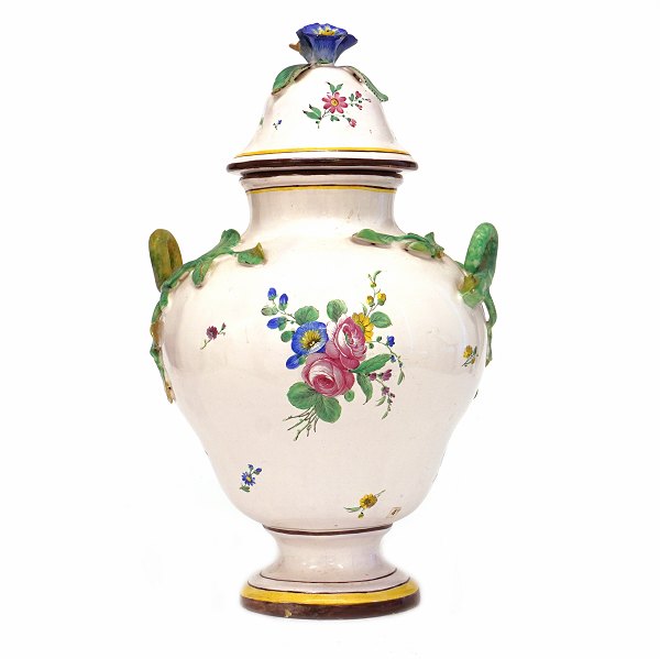 Polychrom decorated lidded faience vase. Marieberg, Sweden, circa 1766-69. H: 
40cm