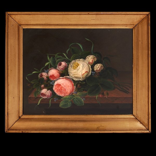 Blomstermaleri fra I. L . Jensens skole med motiv i form af hvide og lyserøde 
roser. Olie på træ. Danmark ca. år 1830-40. Signeret T. Sandholt. Lysmål: 
32x40cm. Med ramme: 44x52cm