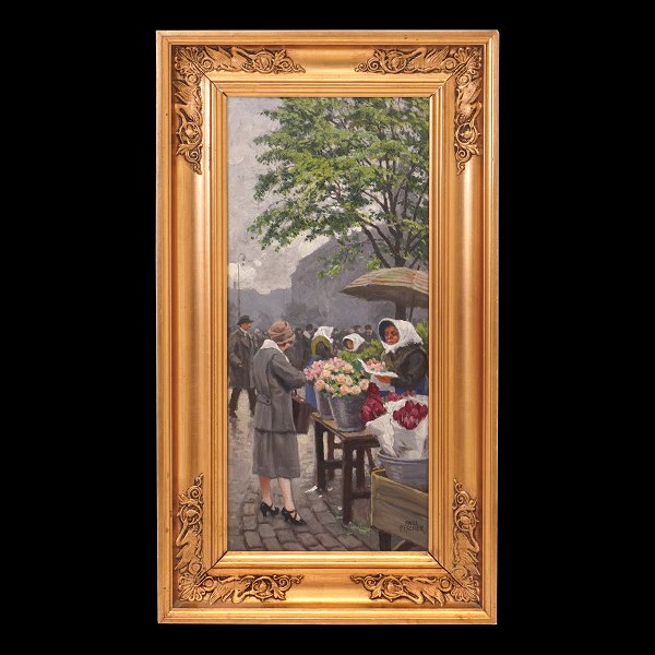 Paul Fischer maleri. Paul Fischer, 1860-1934, olie på træ. Blomstersælgere på 
Højbro Plads med Christiansborg i baggrunden. Signeret Paul Fischer. Lysmål: 
36x15cm. Med ramme: 46x25cm