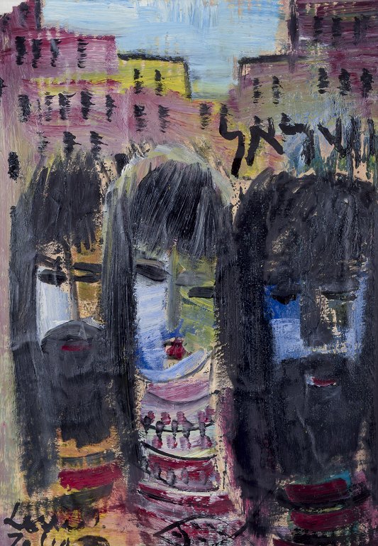 Louis Zelig (1922-1993), listed Swedish artist.
Oil on canvas.
City scene with three people in the foreground.