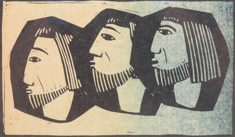 Åke HolmComposition with three heads.Coloured woodcut.