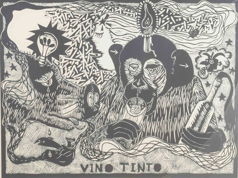Erik Dietman“Vino Tinto”.Træsnit i sort/hvid.