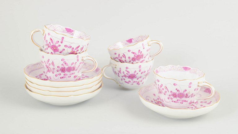 Meissen, "Pink Indian" sæt af fem store kaffekopper med underkopper.