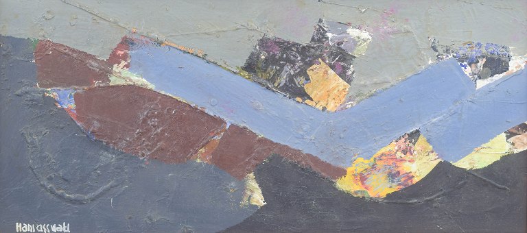 Hans Osswald, abstrakt komposition, olie på plade, svensk kunstner.