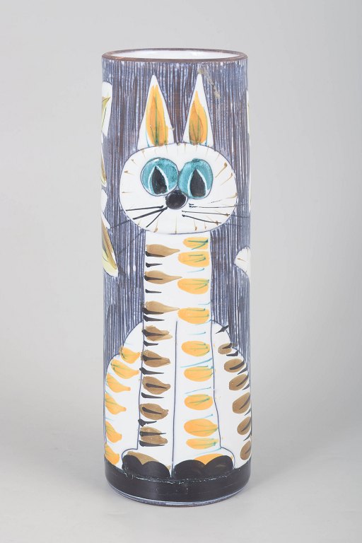 Ulla Ahlgren for Nila keramik, håndmalet retro vase med kattemotiv.