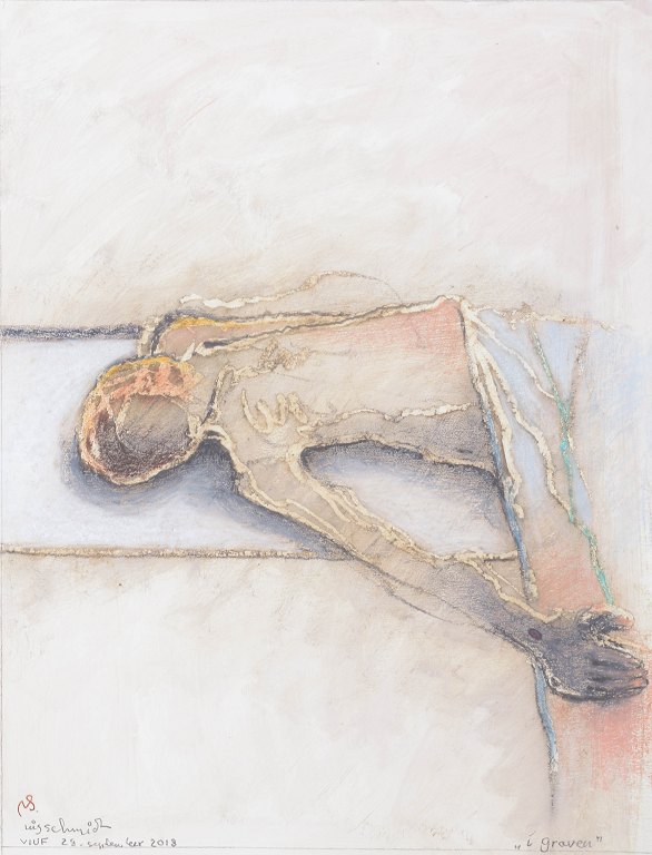 Nis Schmidt, "Graven", mixed media på papir, listet dansk billedkunstner.