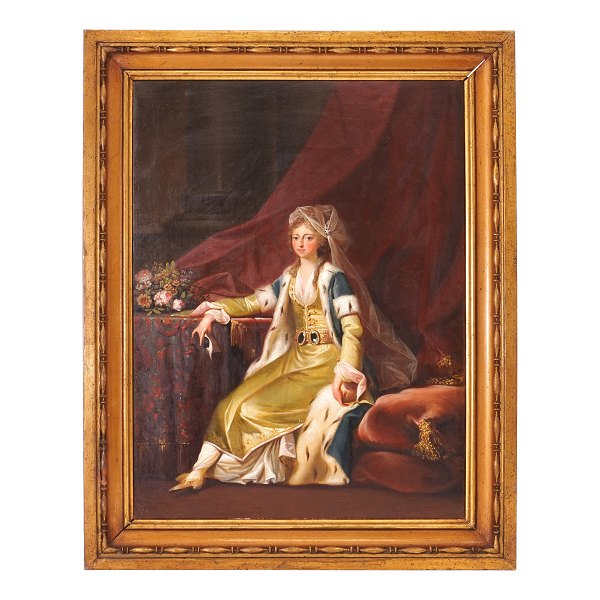 Jens Juel portræt.Jens Juel, 1745-1802, olie på lærred. Portræt af Prinsesse Louise Augusta i tyrkisk dragt. Malet ca. år 1785-86 og registreret i Ellen Poulsen: Jens Juel Katalog,II, fig. 383, illustreret p. 234