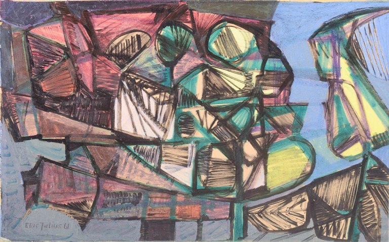 Eric Julius Svensson, abstrakt oliemaleri på plade, 1961, listet svensk kunstner.