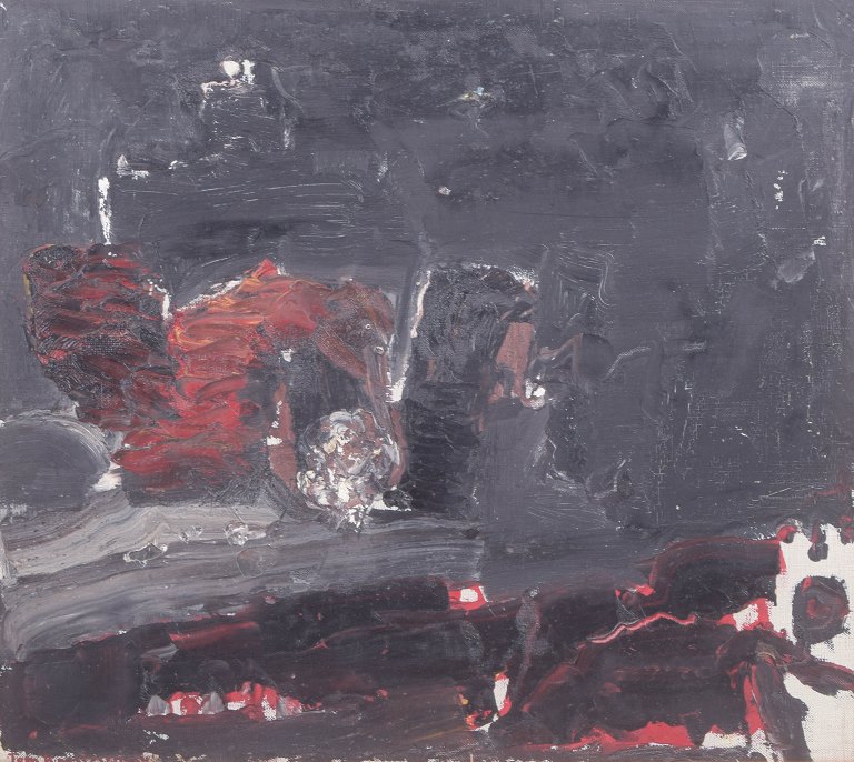 Tom Krestesen, abstrakt olie på plade, 1964, listet dansk-svensk billedkunstner.